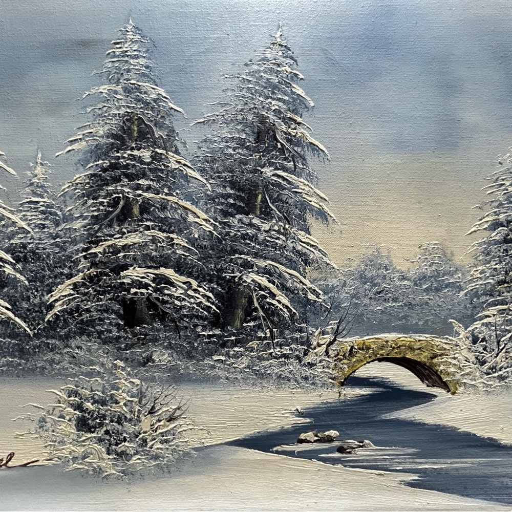 Winter Landscape Painting with Snowy Trees and Bridge - Picture 4 of 10